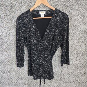 Talbots Top Womens Medium Black Floral Print Surplice Neck‎ Wrap Blouse Ladies
